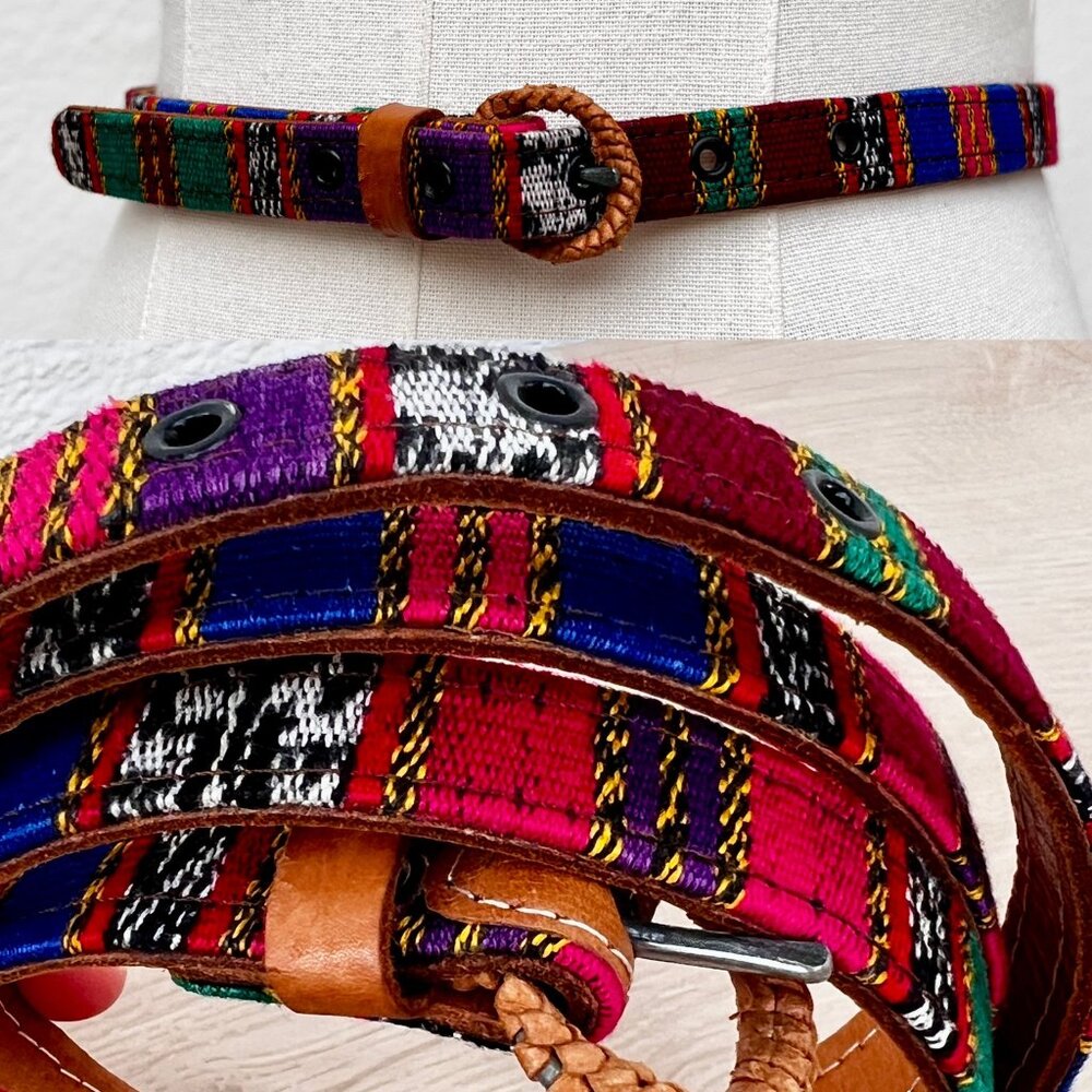Southwestern Colorful Tapestry & Leather Belt Narrow Colorful Woven Size 42/XL